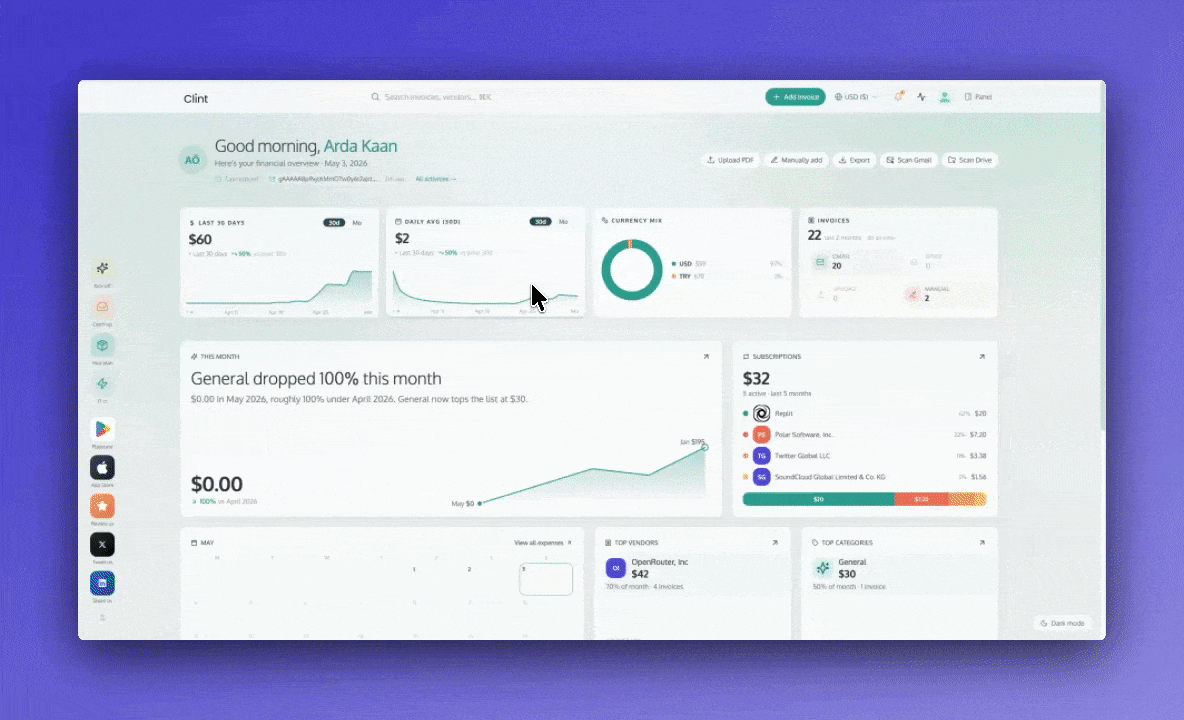 Animation of Clint spending analytics showing monthly expense trends, vendor costs, and category breakdowns