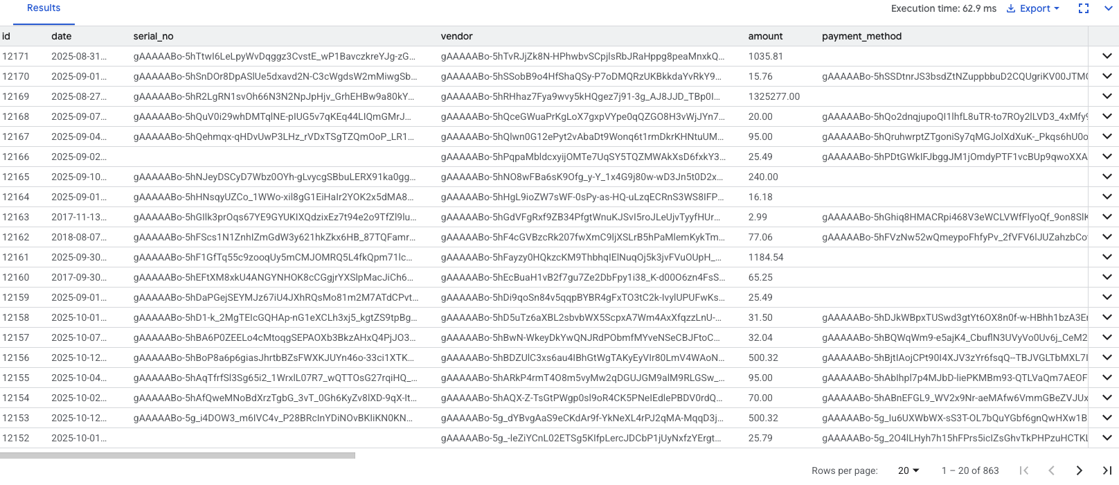 Database query results showing encrypted transaction data